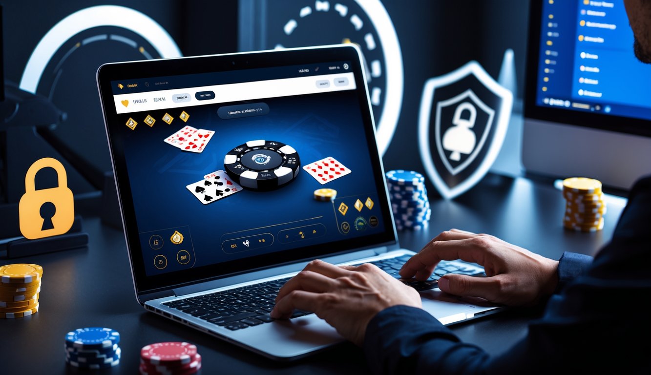 Seorang pemain duduk di depan laptop dengan layar menampilkan permainan poker online, dikelilingi oleh simbol keamanan seperti ikon gembok, dalam ruangan yang terang dan rapi.