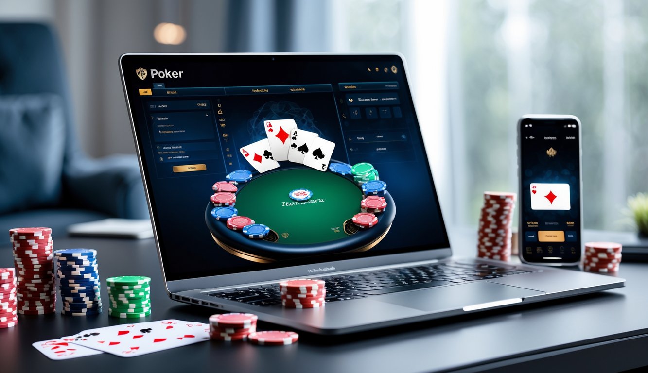 Seorang pria duduk di depan laptop dengan permainan poker online di layar, dikelilingi oleh chip poker dan kartu remi di meja kerja.