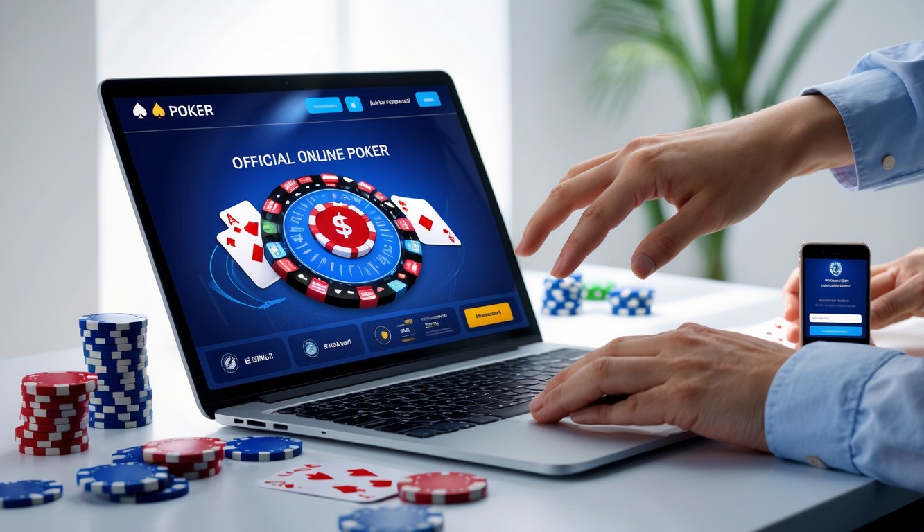 Seseorang menggunakan laptop dengan tampilan permainan poker online, dikelilingi chip dan kartu remi di meja kerja.