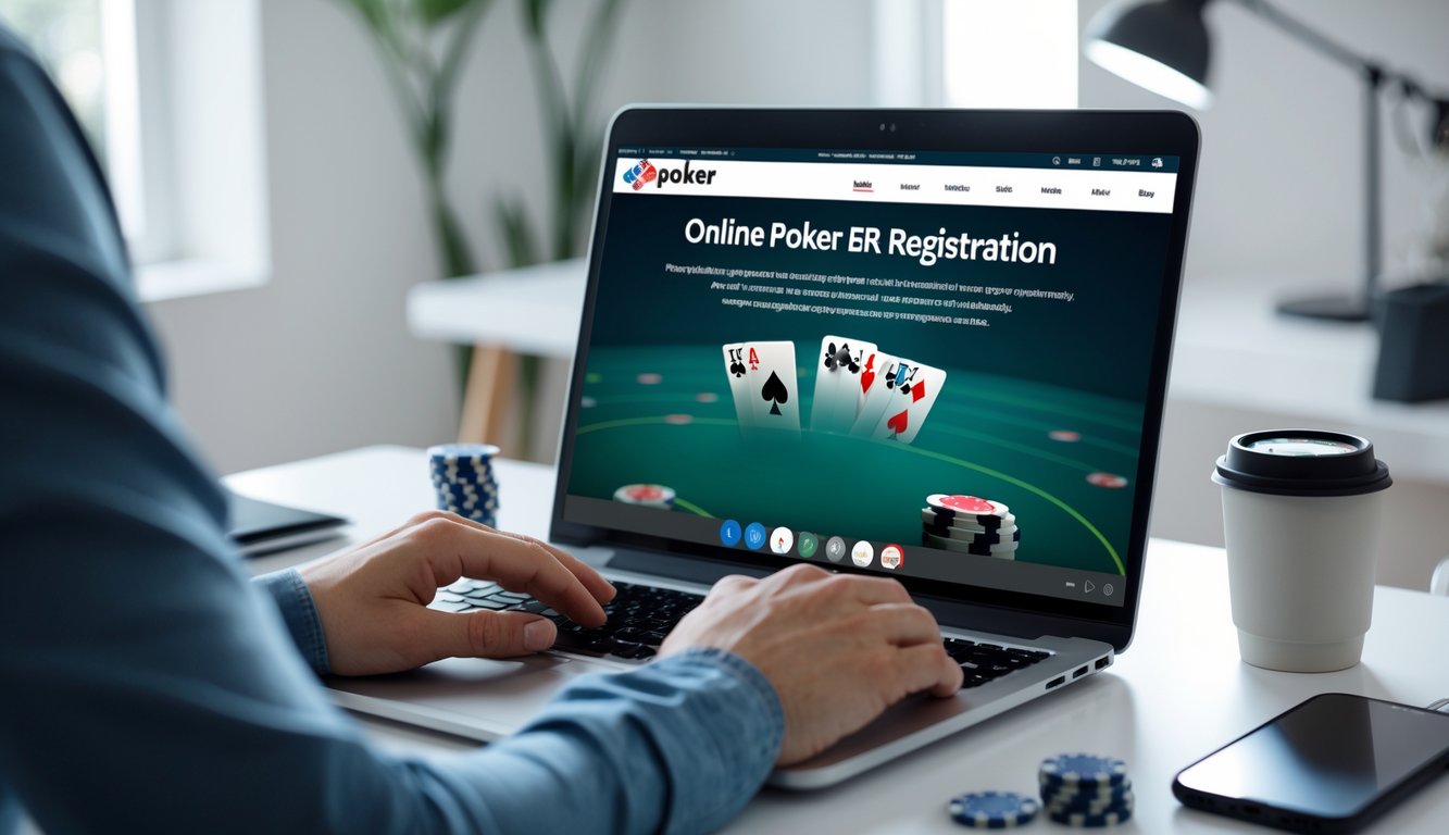 Seseorang menggunakan laptop di meja dengan kartu poker dan chip di sekitar, menunjukkan aktivitas mendaftar dan bermain poker online.