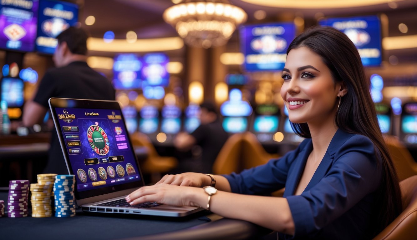 Seorang wanita muda duduk di meja permainan kasino langsung dengan laptop dan tumpukan chip kasino di sampingnya, suasana kasino yang elegan dan ramai di latar belakang.