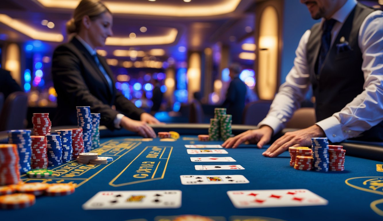 Suasana meja permainan kasino langsung dengan dealer dan pemain yang sedang bertaruh dengan chip dalam lingkungan kasino yang elegan.