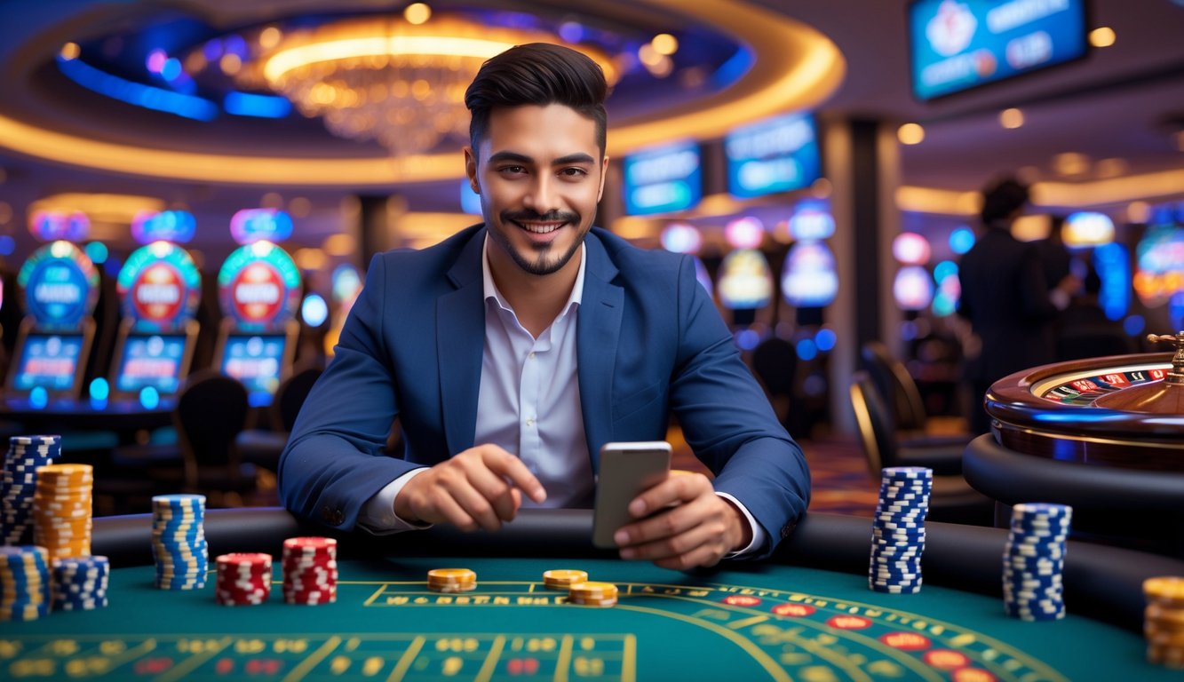 Seorang pria percaya diri duduk di meja kasino dengan chip poker dan kartu, menggunakan perangkat digital di suasana kasino yang hidup.