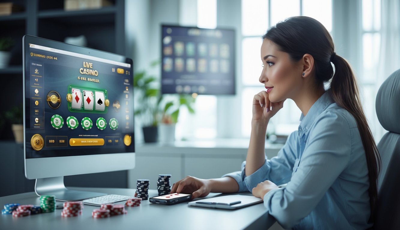 Seorang wanita muda fokus bermain permainan kasino langsung di komputer di ruang kerja rumah yang rapi dengan chip poker dan kartu di meja.