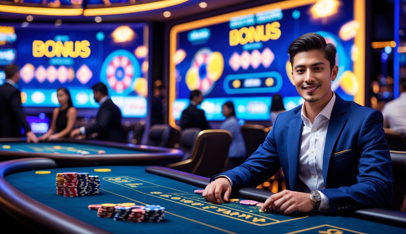 Seorang pria muda duduk di meja kasino langsung dengan chip dan kartu, dikelilingi oleh layar besar yang menampilkan grafis permainan kasino dan suasana ramai di kasino.