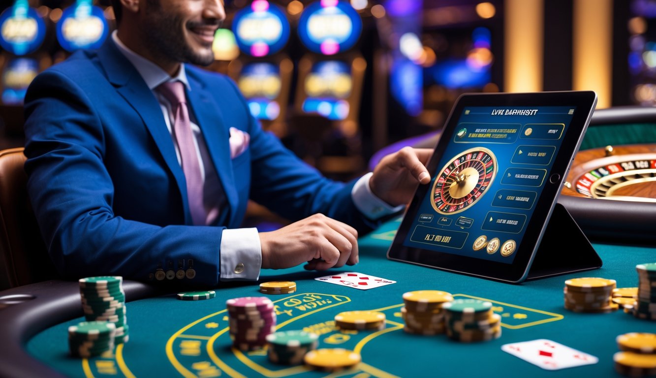 Seorang pemain di meja kasino dengan perangkat digital yang menampilkan permainan kasino langsung dan chip poker di sekitarnya.