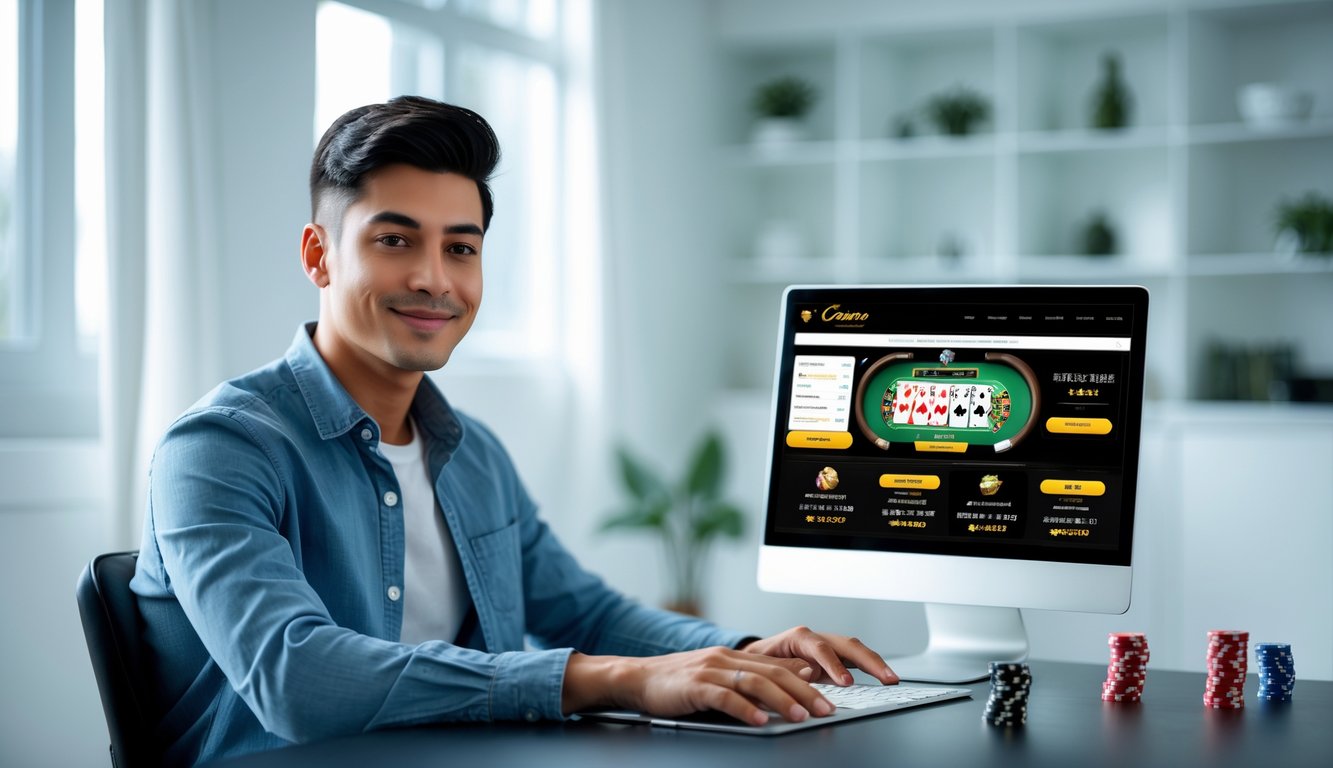 Seorang pria muda duduk di meja dengan laptop yang menampilkan situs kasino langsung, dikelilingi oleh kartu remi dan chip poker.
