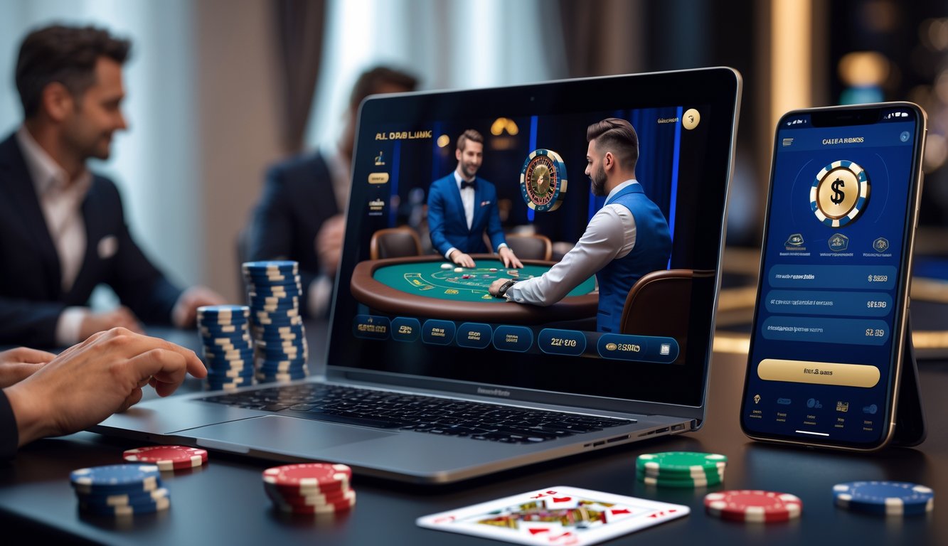 Seorang dealer kasino langsung di layar komputer dengan chip poker dan kartu di sekitar perangkat, menggambarkan suasana kasino online.
