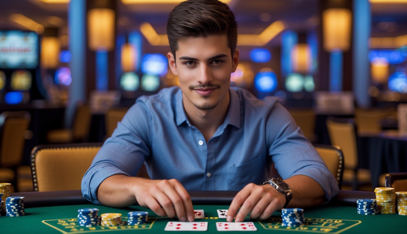 Seorang pria muda duduk di meja blackjack di kasino, fokus memegang kartu dan chip dengan suasana kasino di latar belakang.