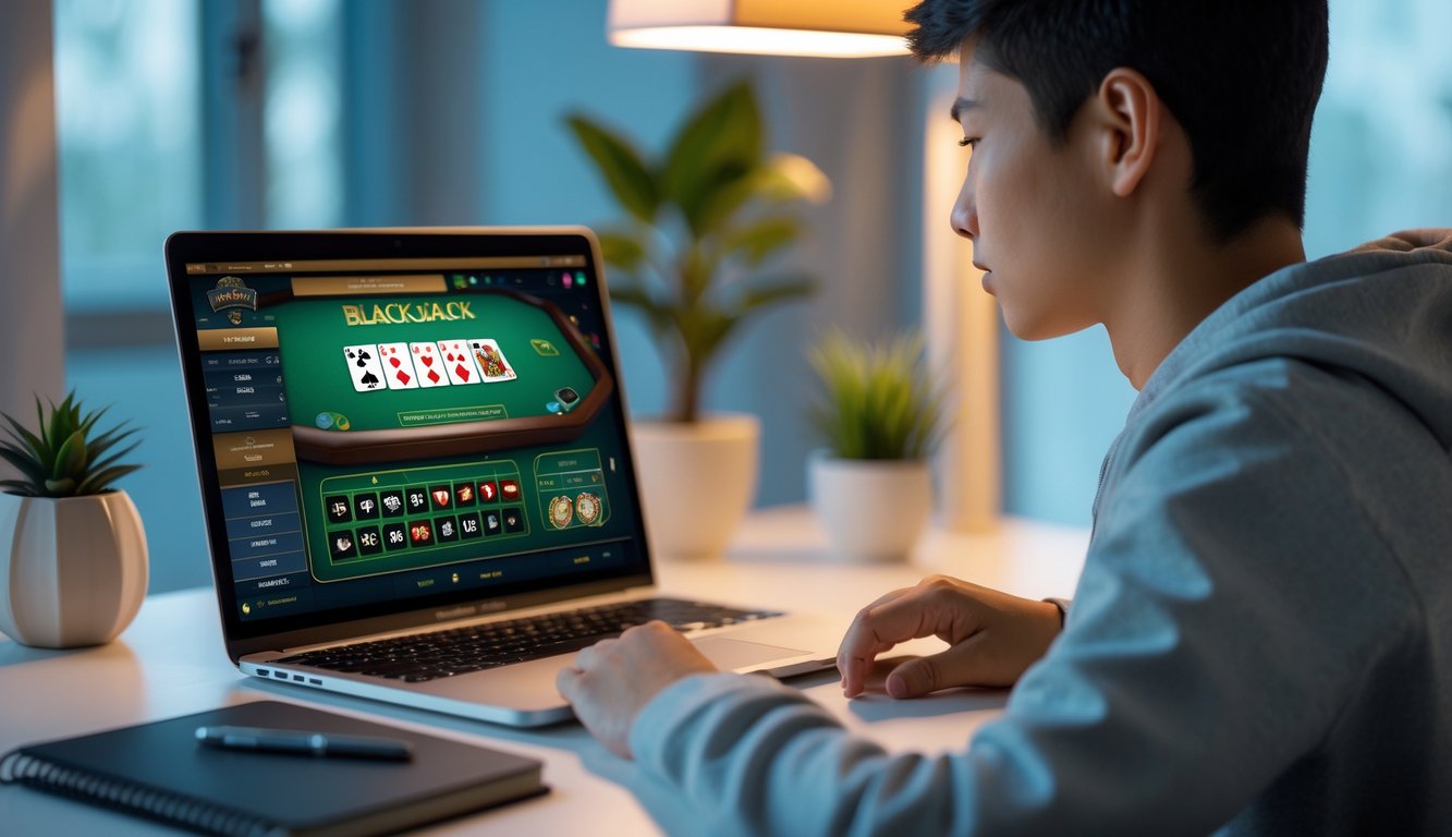 Seorang pemain muda sedang fokus bermain blackjack online di depan laptop dengan meja kartu dan chip terlihat di layar.