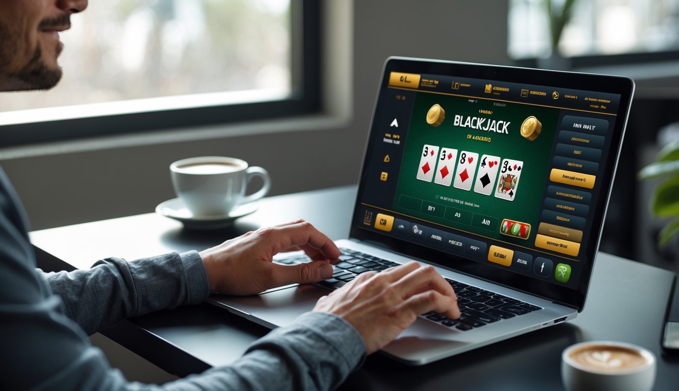 Seseorang sedang bermain blackjack online di laptop dengan ekspresi fokus dan santai di meja kerja modern.