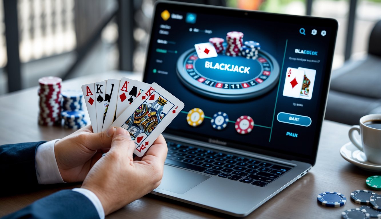 Seseorang memainkan blackjack online di laptop dengan kartu menang di tangan dan chip poker di meja.