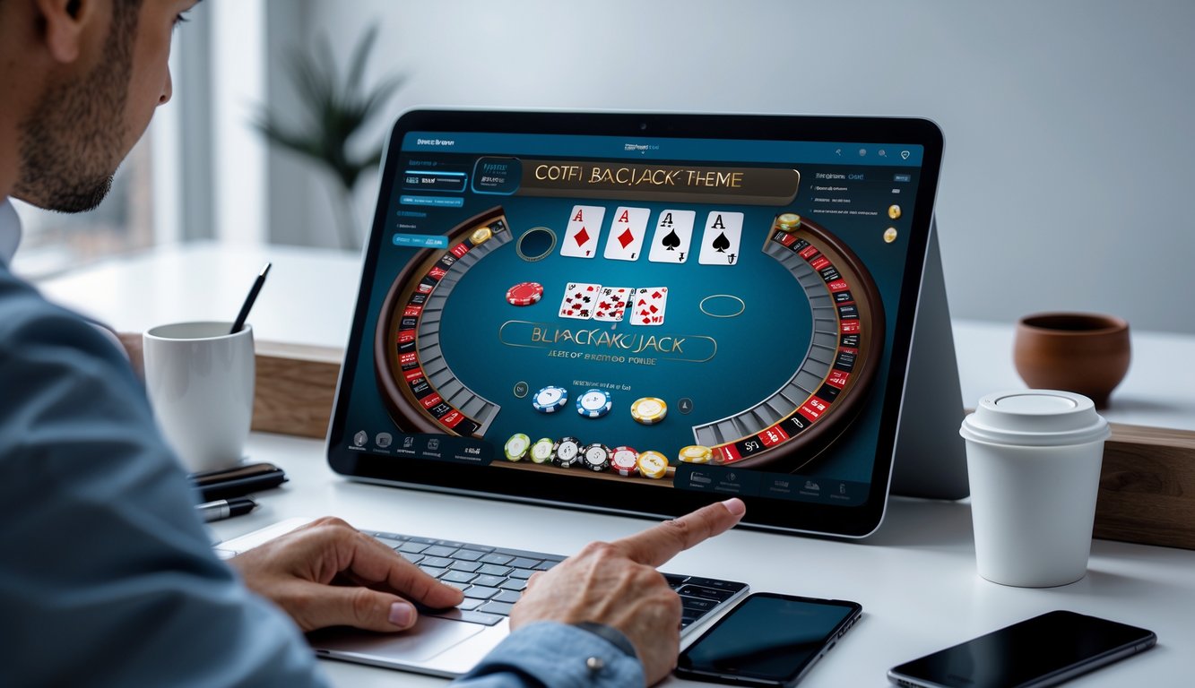 Seseorang duduk di depan komputer yang menampilkan permainan blackjack online dengan kartu dan chip, sambil mencatat strategi di meja kerja yang rapi.