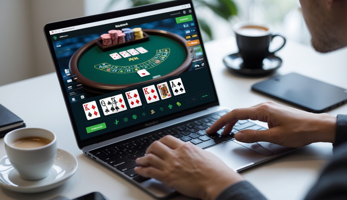 Seseorang bermain blackjack online di laptop dengan meja kartu dan chip terlihat di layar, di ruang kerja yang rapi.