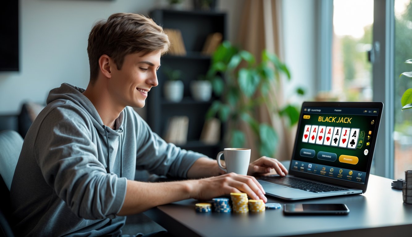 Seorang pemain kasual sedang bermain blackjack online di laptop di meja rumah dengan suasana nyaman dan pencahayaan alami.