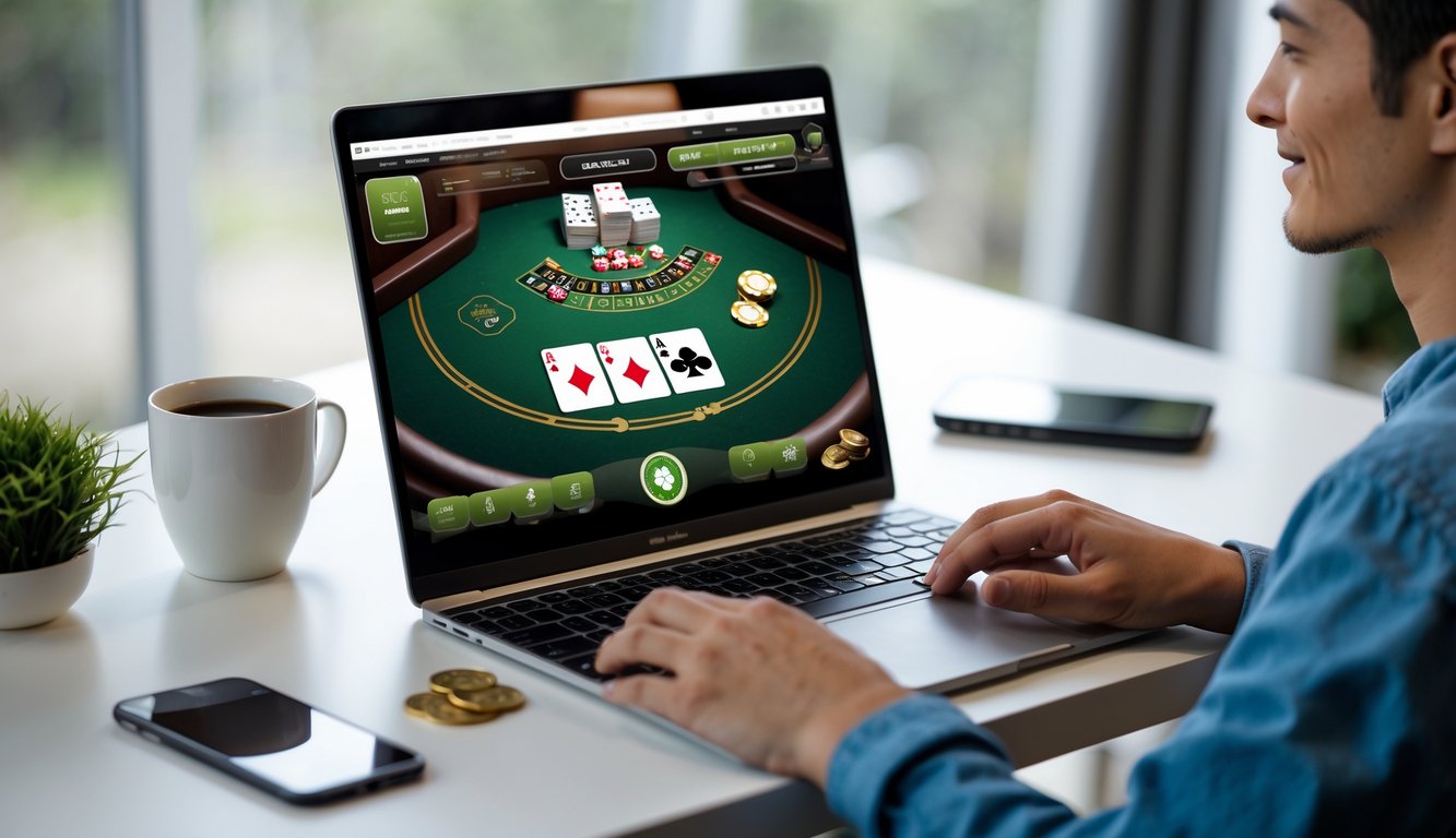 Seorang pemain kasual sedang bermain blackjack online di depan laptop di meja yang rapi dengan suasana nyaman di rumah.