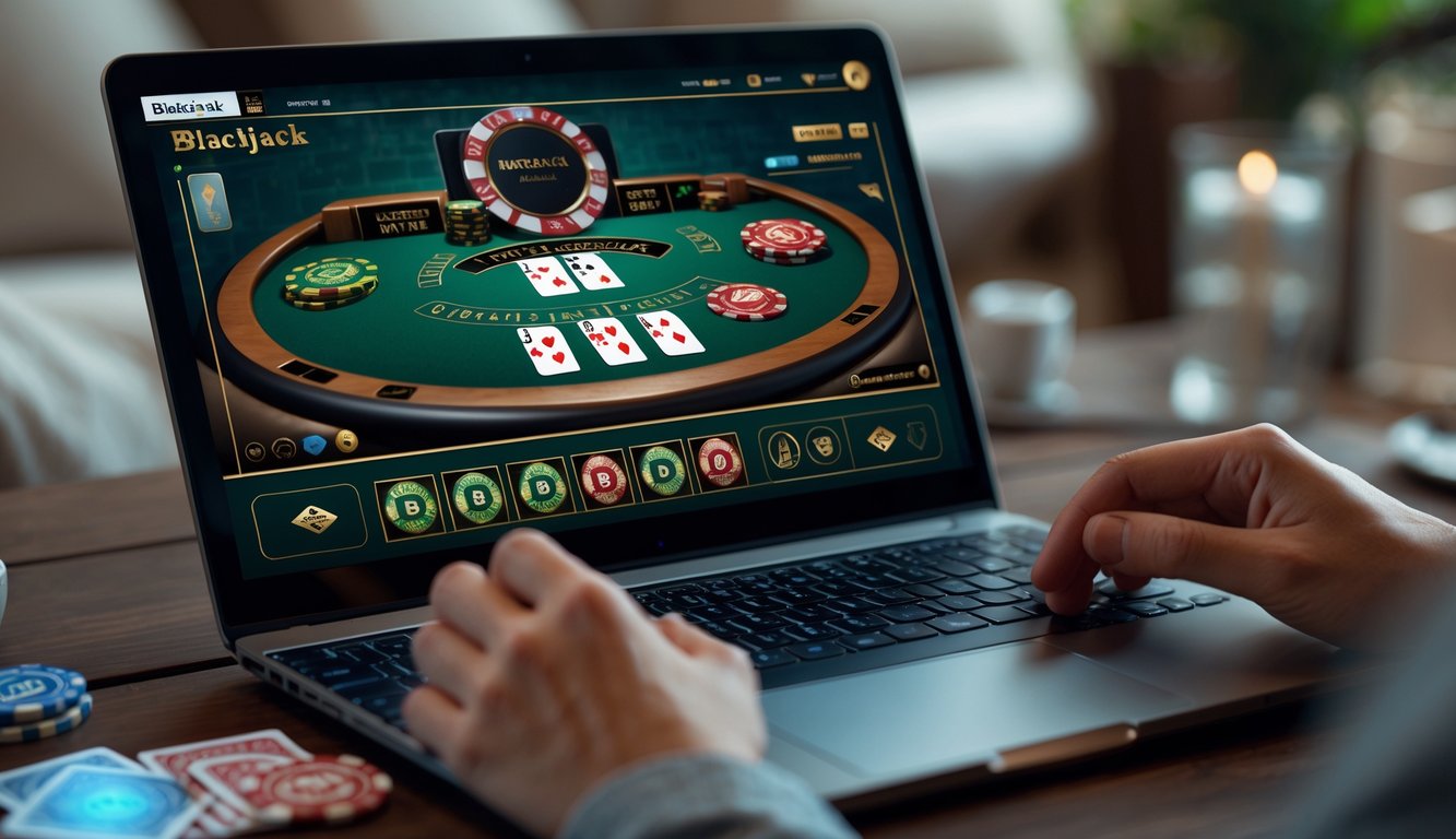 Seseorang sedang bermain blackjack online menggunakan laptop dengan kartu dan chip terlihat jelas di layar.