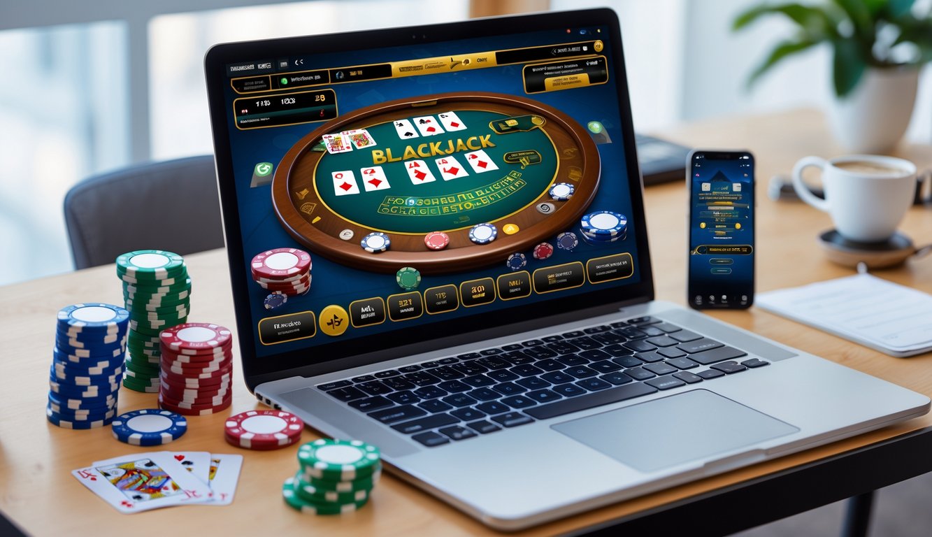 Seseorang bermain blackjack online di laptop dengan chip poker dan kartu di meja, menunjukkan suasana permainan yang fokus dan profesional.