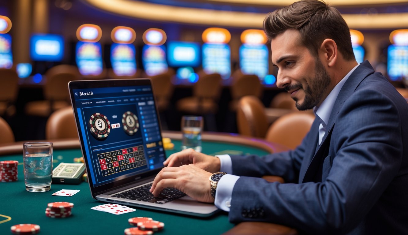 Seorang pria duduk di meja kasino dengan laptop yang menampilkan permainan blackjack online, tampak fokus dan serius bermain.