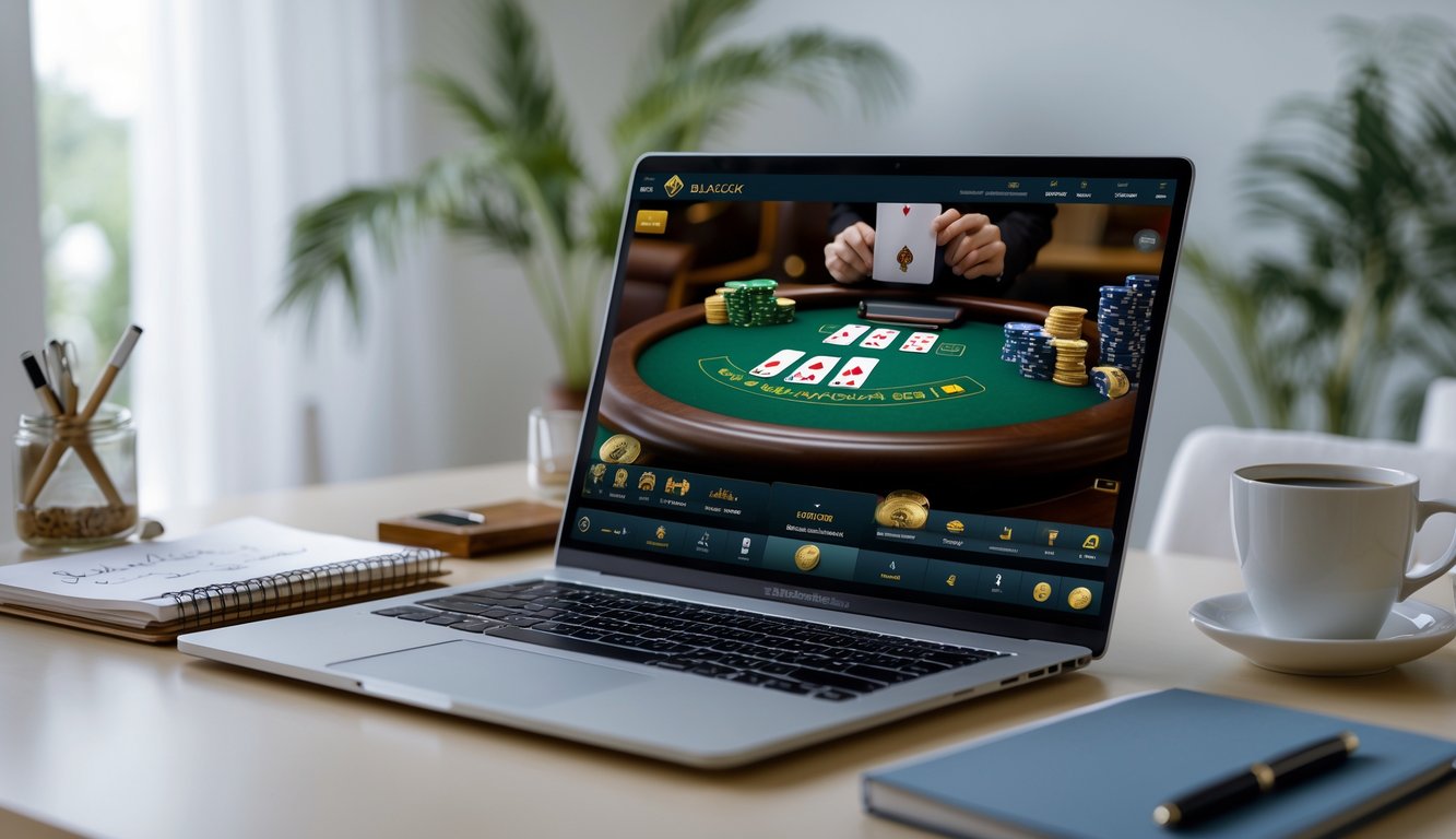 Seorang pemain blackjack online menggunakan laptop di meja kerja dengan kartu dan chip terlihat di layar komputer.