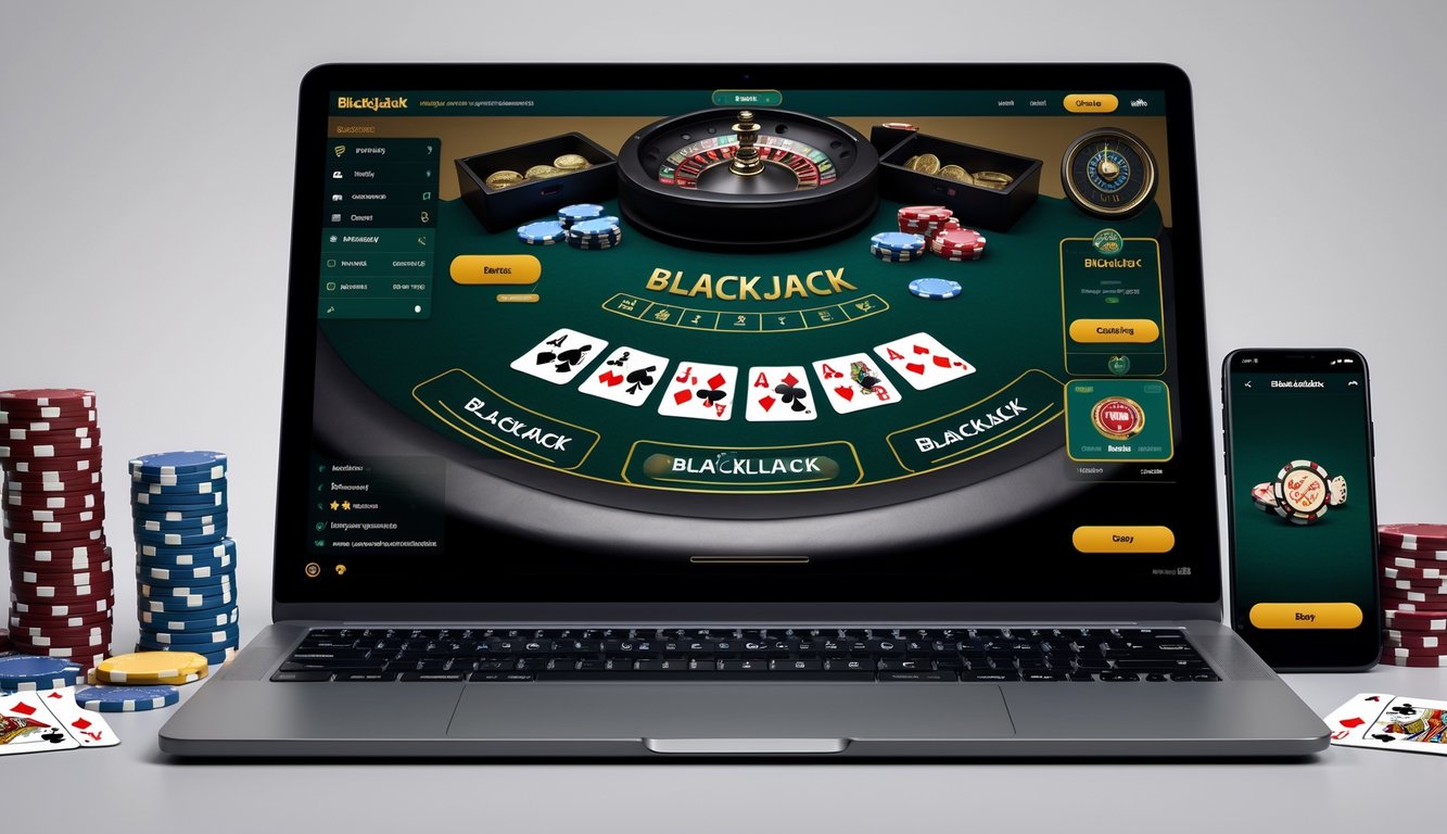 Sebuah meja kerja dengan komputer menampilkan permainan blackjack online, kartu remi dan chip poker di sekitar, serta ponsel dengan aplikasi blackjack.