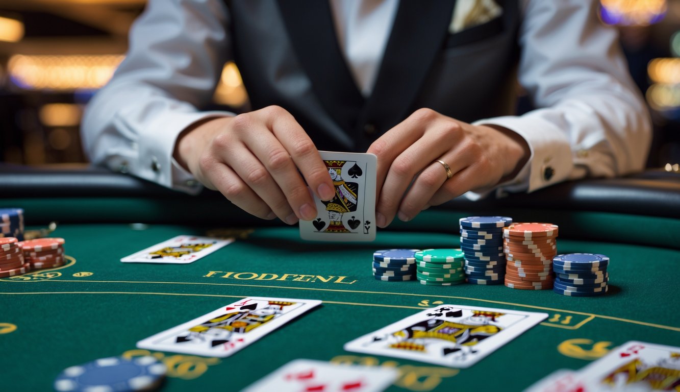 Seorang pemain sedang memegang kartu blackjack di meja kasino dengan tumpukan chip di depan.