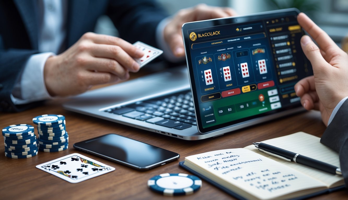 Seseorang bermain blackjack online dengan laptop, kartu, chip poker, dan catatan di meja.