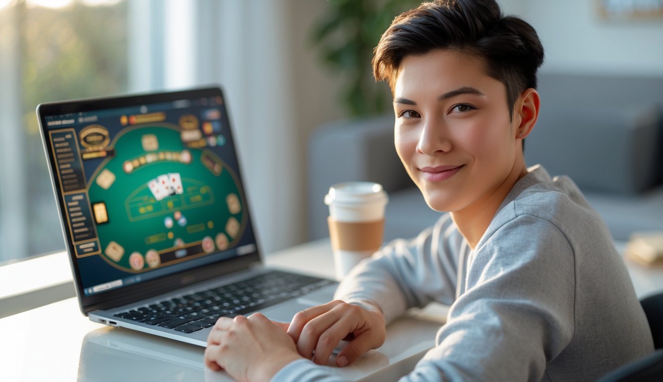 Seseorang muda bermain blackjack online di depan komputer dengan ekspresi santai dan fokus di sebuah ruangan yang rapi.