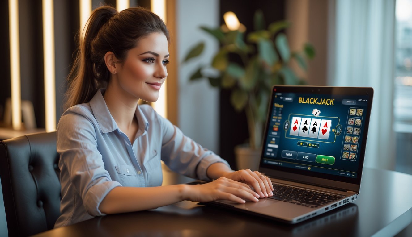 Seorang wanita muda duduk di meja bermain blackjack online menggunakan laptop dengan ekspresi fokus dan santai di ruangan yang nyaman.
