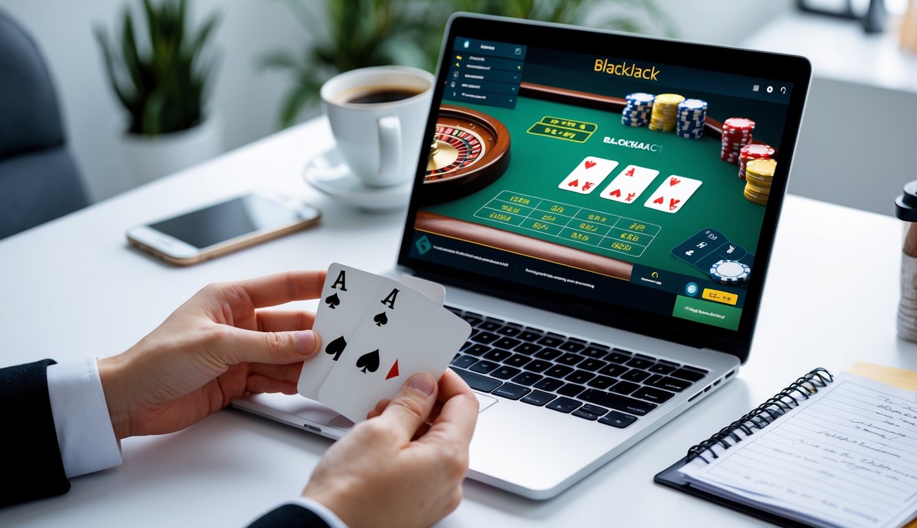 Seorang pemain sedang bermain blackjack online di laptop dengan kartu di tangan, di meja kerja yang rapi dan terang.