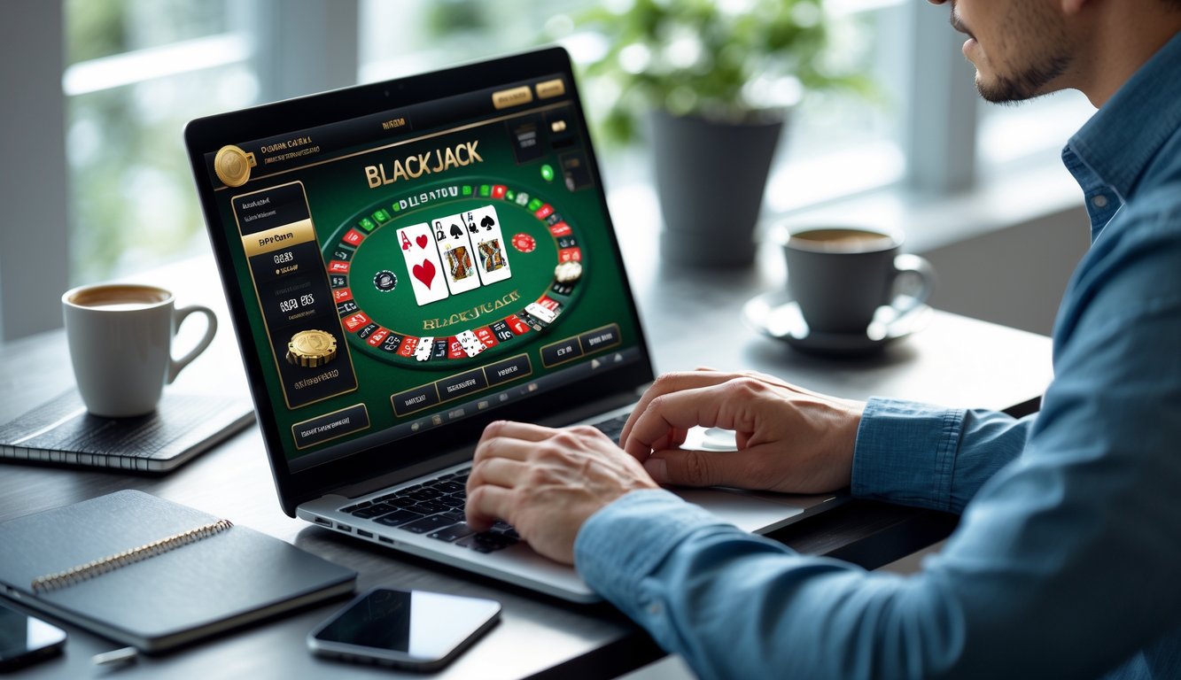 Seseorang sedang fokus bermain blackjack online di laptop di ruang kerja rumah yang terang dengan alat tulis di dekatnya.