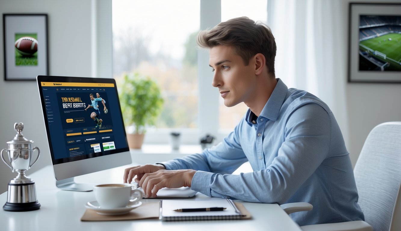 Seorang dewasa muda duduk di meja kerja dengan laptop, tampak fokus dan tenang di ruang kerja rumah yang terang dengan elemen sepak bola di latar belakang.