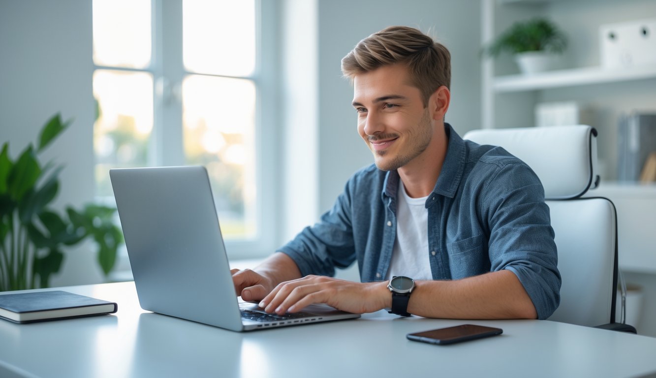 Seorang pria muda duduk di meja kerja dengan laptop, terlihat fokus dan tenang di ruang kantor rumah yang terang dan rapi.