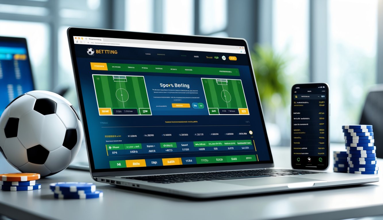 Meja kerja modern dengan laptop yang menampilkan situs taruhan olahraga online, bola sepak, tumpukan chip poker, dan ponsel dengan skor pertandingan langsung.
