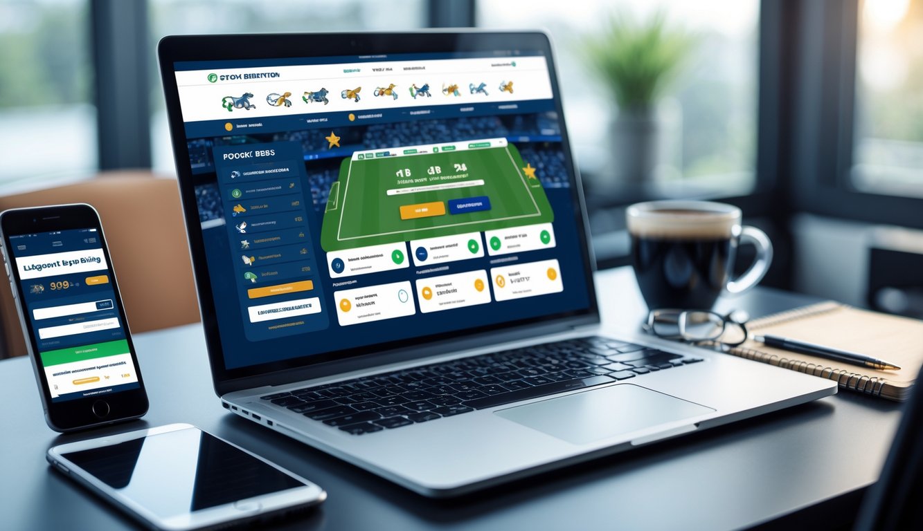Meja kerja dengan laptop yang menampilkan situs bandar bola online, ponsel, kopi, dan alat tulis di lingkungan kantor yang rapi.