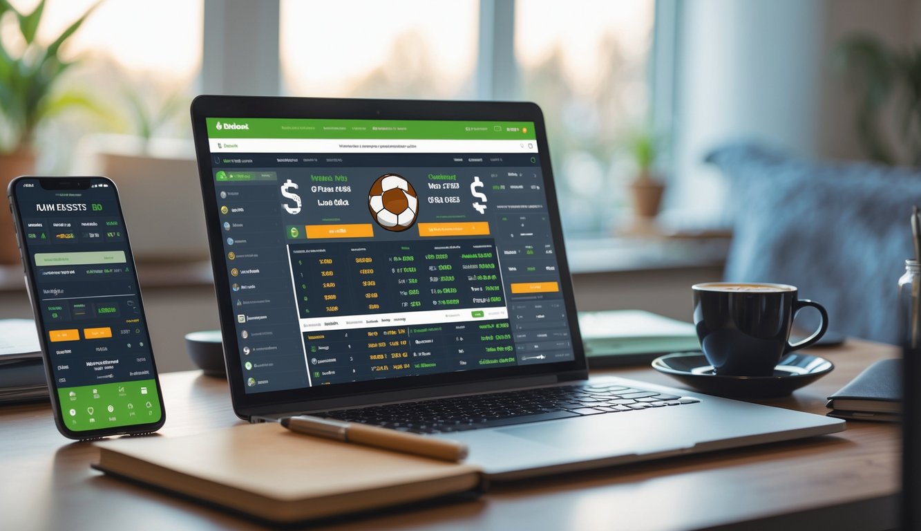 Seorang pria duduk di depan laptop yang menampilkan situs taruhan bola online dengan statistik pertandingan, di meja terdapat smartphone, cangkir kopi, dan buku catatan di ruangan kantor rumah yang terang.