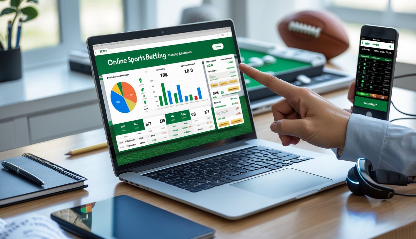 Seorang pria duduk di meja kerja dengan laptop yang menampilkan situs taruhan olahraga, dikelilingi oleh alat tulis dan ponsel, menunjukkan suasana memilih situs taruhan bola online terbaik.