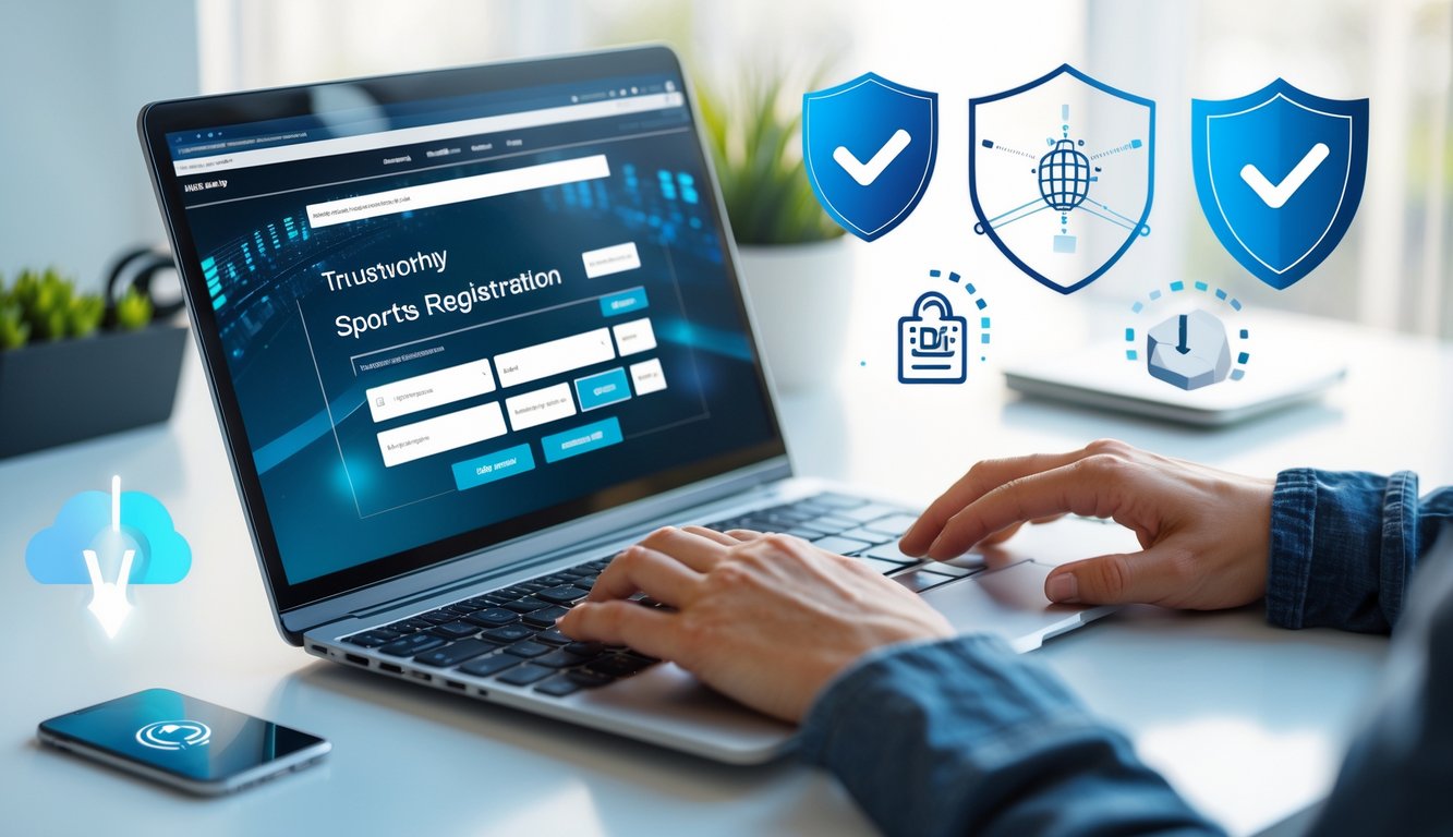 Seseorang mengetik di laptop dengan tampilan situs taruhan olahraga online yang profesional dan aman di meja kerja.
