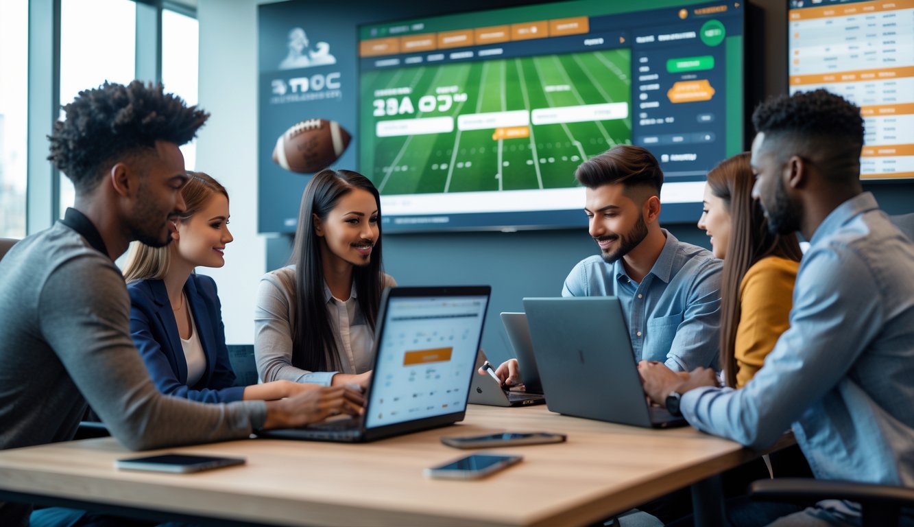 Sekelompok orang muda sedang mendaftar bandar bola online resmi dan terpercaya menggunakan laptop dan ponsel di kantor modern.