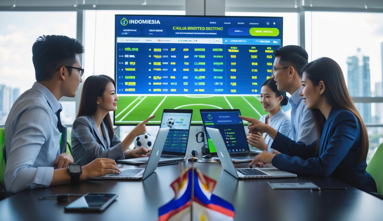 Sekelompok orang muda sedang berdiskusi di kantor modern dengan layar besar menampilkan statistik dan skor pertandingan sepak bola.
