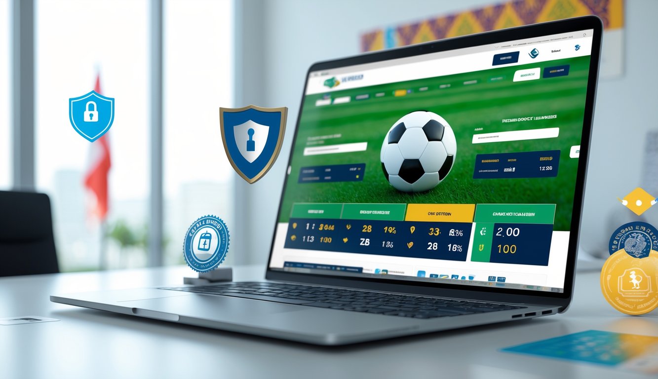 Seorang pria menggunakan laptop di meja kerja dengan tampilan situs taruhan bola online yang aman dan terpercaya, di latar belakang terdapat dekorasi khas Indonesia.