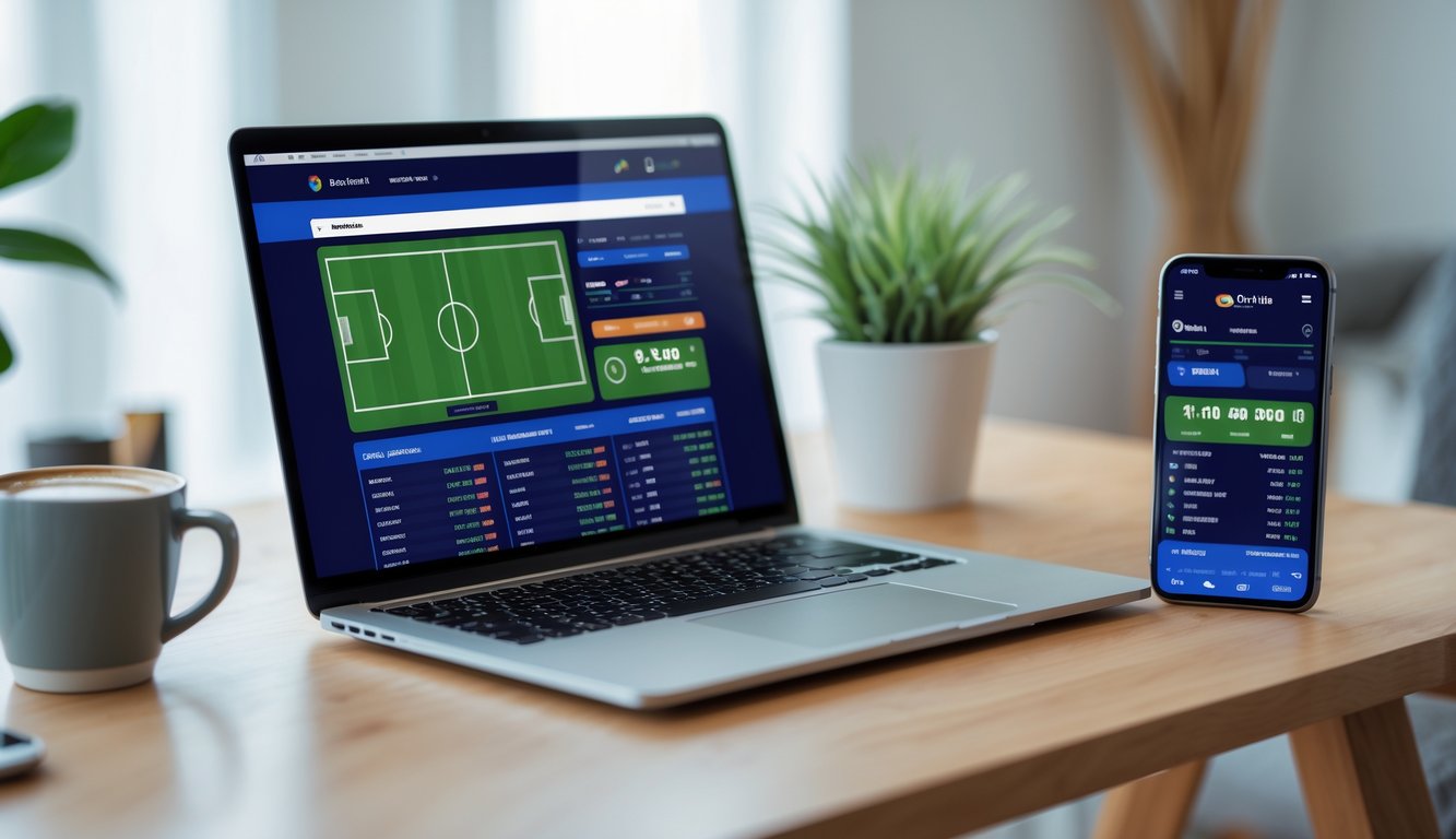 Seorang pria menggunakan laptop dan ponsel untuk memasang taruhan bola online di meja kerja dengan secangkir kopi dan tanaman kecil.