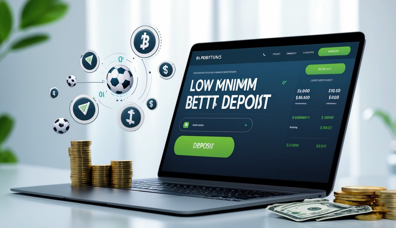 Seorang pengguna menggunakan laptop dengan tampilan situs taruhan olahraga online dan ikon olahraga di layar, dikelilingi oleh simbol transaksi keuangan seperti kartu kredit dan koin.
