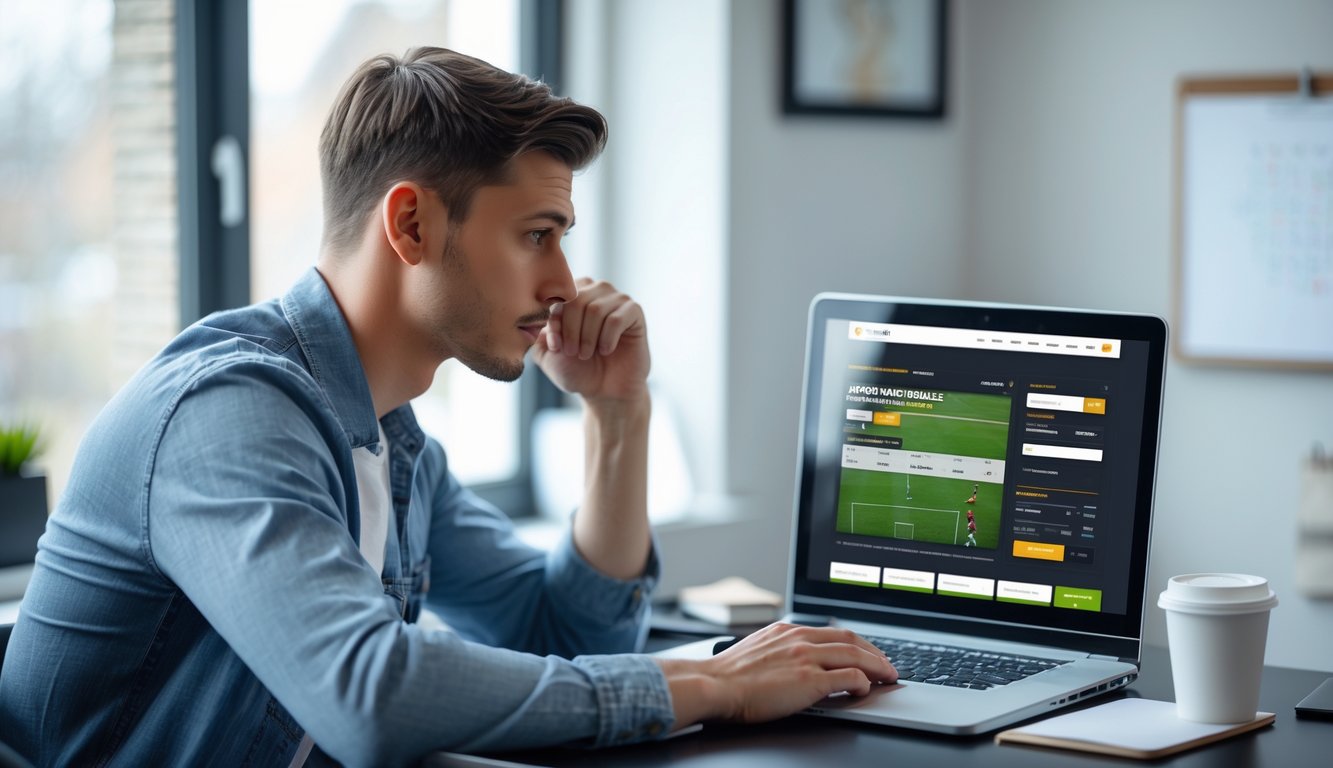 Seorang pria muda duduk di depan laptop dengan ekspresi serius, memperhatikan layar komputer di meja kerja yang rapi.
