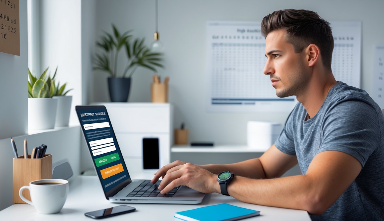 Seorang pria muda duduk di meja dengan laptop, tampak fokus saat mendaftar di situs bandar bola online di ruang kerja yang rapi.