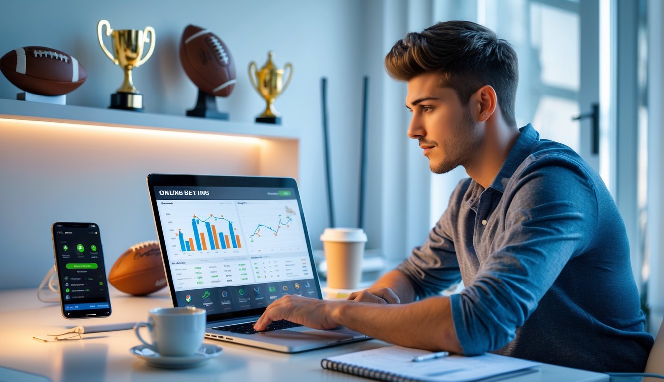 Seorang pria muda duduk di meja kerja dengan laptop dan ponsel, fokus pada strategi taruhan bola online.