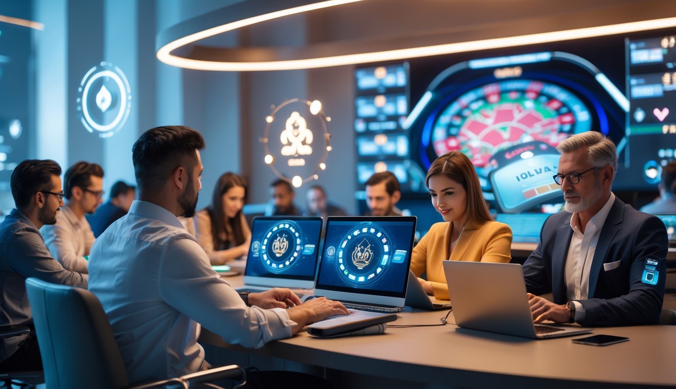 Beberapa orang bermain poker online di depan komputer dan tablet di ruang kerja modern yang terang dan rapi.