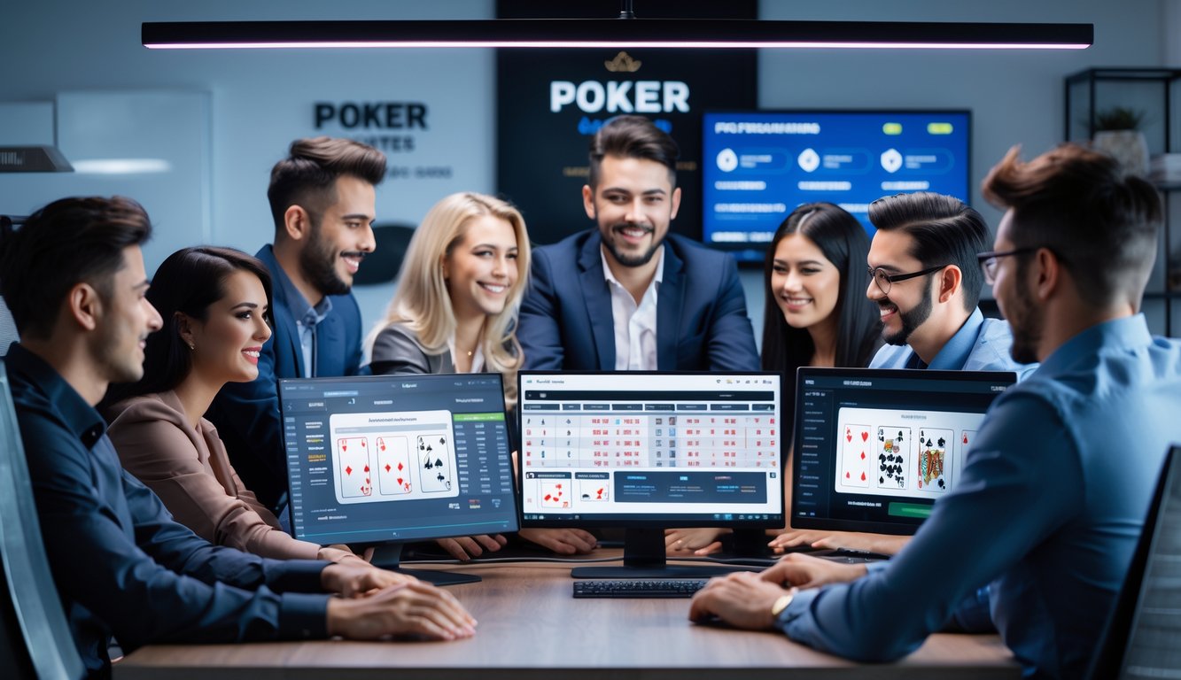 Orang-orang sedang bermain poker online di depan komputer dengan layar menampilkan permainan poker dan grafik, di sebuah ruangan kantor modern.