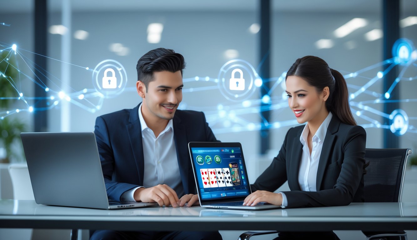 Dua orang muda duduk di meja dengan laptop, bermain poker online di lingkungan kantor modern.