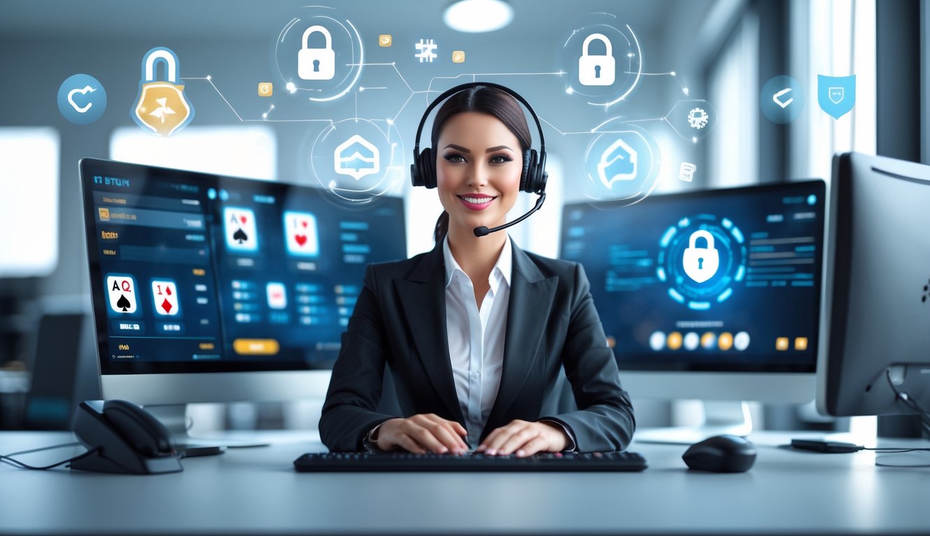 Seorang perwakilan layanan pelanggan duduk di meja dengan beberapa monitor komputer yang menampilkan permainan poker online dan ikon keamanan.